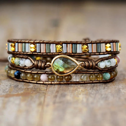 Women Ethnic Leather Wrap Bracelet Labradorite Rhinestone Moonstone Beads 3 Strands Bracelet Boho Jewelry Wholesale Dropshipping