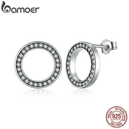 BAMOER Forever Clear CZ 925 Sterling Silver Circle Round Stud Earrings with CZ Jewelry GIFT Oorbellen Bijoux PAS437