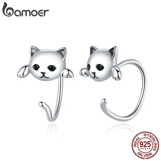 BAMOER Genuine 925 Sterling Silver Cute Cat Tail Stud Earrings for Women Animal Fashion Jewelry Orecchini 4 Colors SCE965