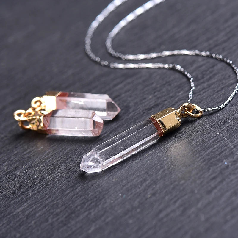 1PC 100% Natural Crystal Quartz Pendant Pendulum Column Gold Plated Healing Stone White Clear Quartz Pendants For Unisex Gifts