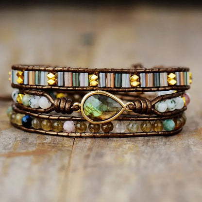 Women Ethnic Leather Wrap Bracelet Labradorite Rhinestone Moonstone Beads 3 Strands Bracelet Boho Jewelry Wholesale Dropshipping