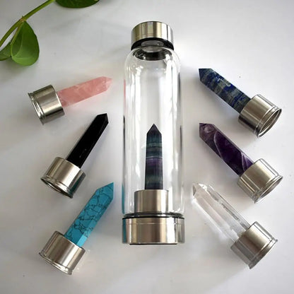 Natural Quartz Gemstone Crystal Hexagonal Pointed Column+Bottom Mesh Water Bottle Energy Crystal ( Not Include Bottle )