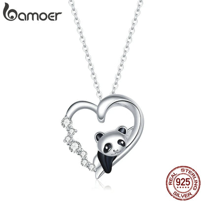 Bamoer 925 Sterling Silver Baby Panda Crystal Necklace Enamel Cute Animal Charm Chain Link for Women Gift 17.71'' SCN453