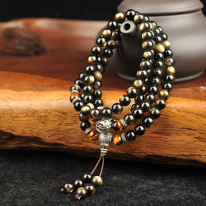 Men Bracelet Natural Golden Black Obsidian Bead Tibetan Silver Pixiu Bracelet Yellow Tiger Stone Bracelets Men Jewelry