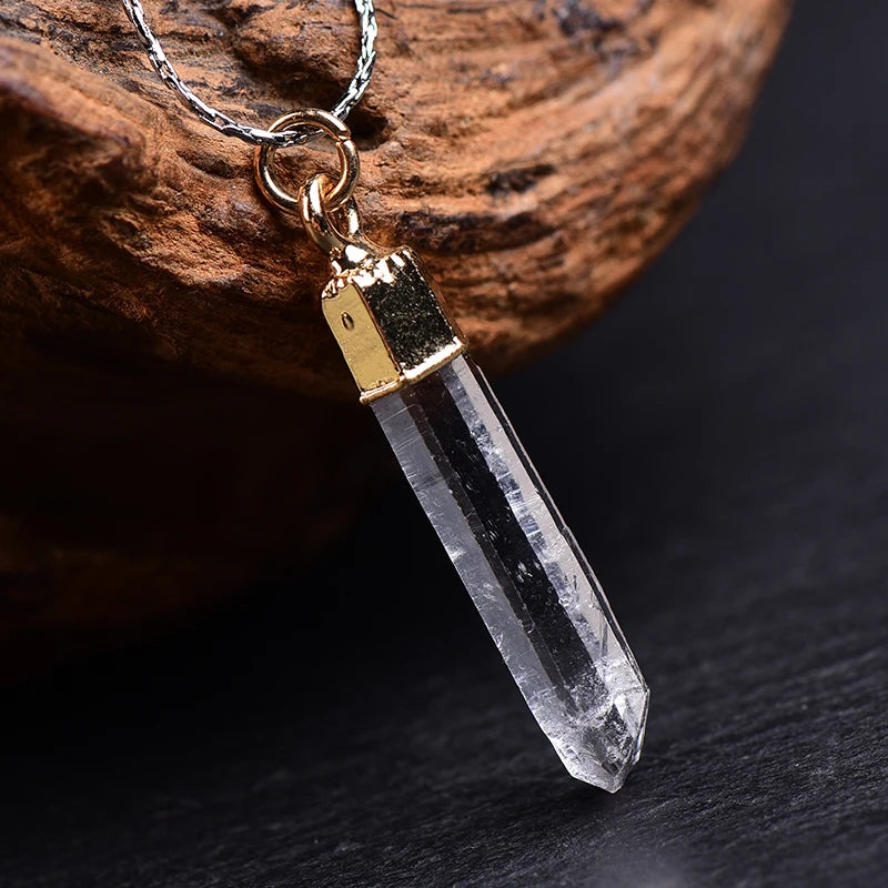 1PC 100% Natural Crystal Quartz Pendant Pendulum Column Gold Plated Healing Stone White Clear Quartz Pendants For Unisex Gifts