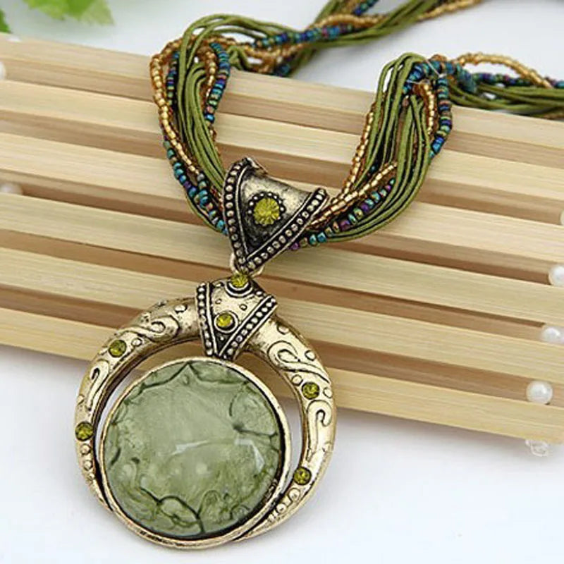 Vintage Necklace Jewelry Fashion Popular Retro Bohemia Style Multilayer Beads Chain Crystal Grain Pendant