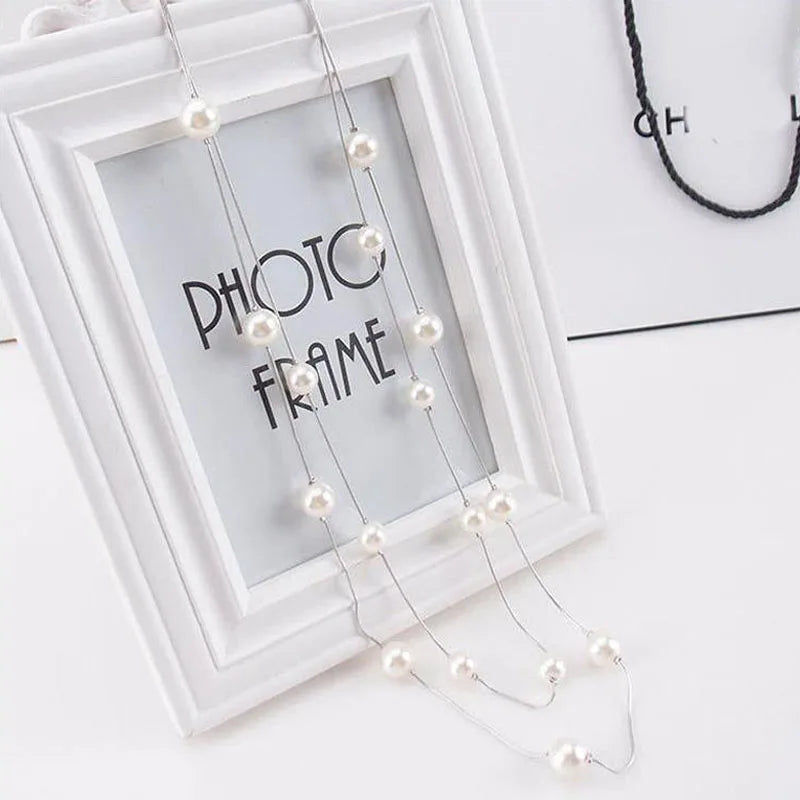 New Long Double Layer Simulated Pearl Necklace Women Sweater Chain  Female Collares Statement Jewlery Wholesale 2024