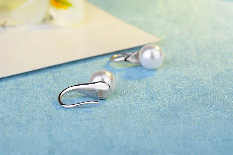 Pure 925 Sterling Silver Earrings Drop Women Round Natural Freshwater Pearl Hook Dangle Earring Ear Drops Brincos De Prata