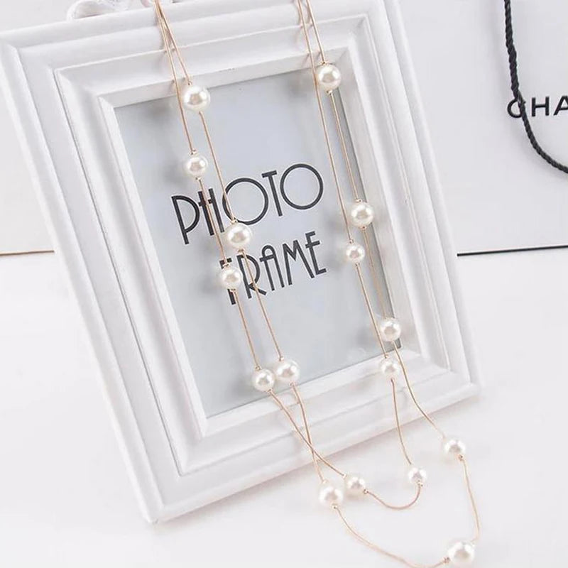 New Long Double Layer Simulated Pearl Necklace Women Sweater Chain  Female Collares Statement Jewlery Wholesale 2024