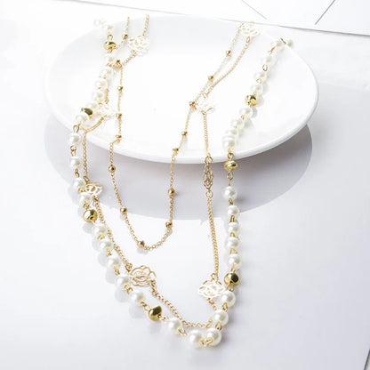 New Long Double Layer Simulated Pearl Necklace Women Sweater Chain  Female Collares Statement Jewlery Wholesale 2024