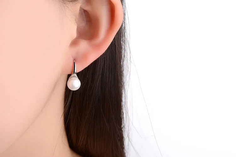 Pure 925 Sterling Silver Earrings Drop Women Round Natural Freshwater Pearl Hook Dangle Earring Ear Drops Brincos De Prata