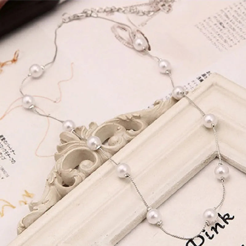 New Long Double Layer Simulated Pearl Necklace Women Sweater Chain  Female Collares Statement Jewlery Wholesale 2024