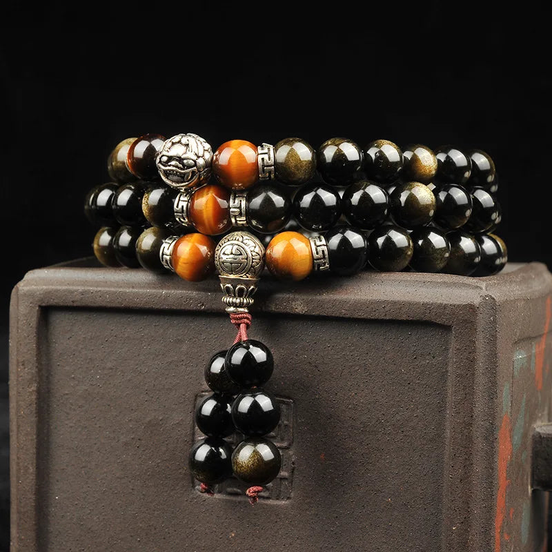 Men Bracelet Natural Golden Black Obsidian Bead Tibetan Silver Pixiu Bracelet Yellow Tiger Stone Bracelets Men Jewelry