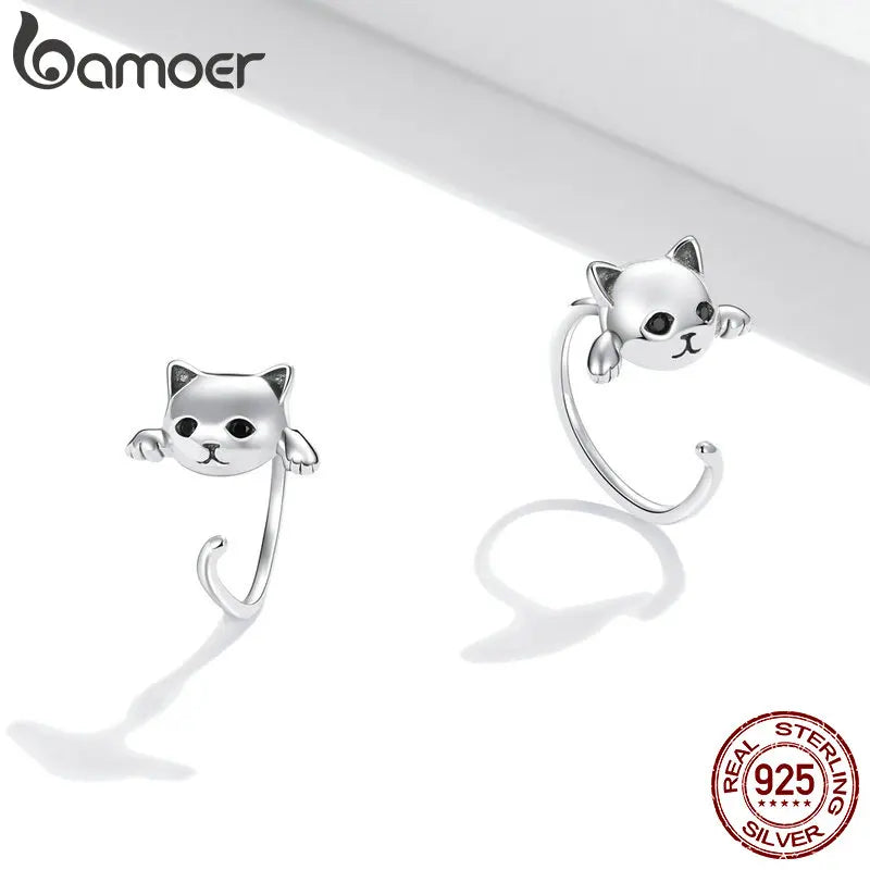 BAMOER Genuine 925 Sterling Silver Cute Cat Tail Stud Earrings for Women Animal Fashion Jewelry Orecchini 4 Colors SCE965