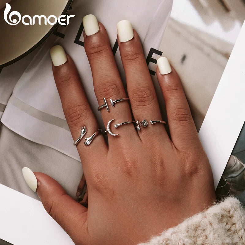 BAMOER 925 Sterling Silver Hug Warmth and Love Hand Adjustable Ring for Women Party Jewelry, His Big Loving Hugs Ring 3 Colors