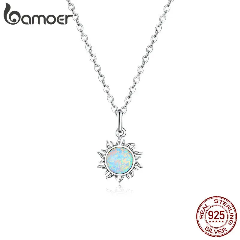 Bamoer 925 Sterling Silver White Opal Sun Pendant Necklace Apollo Chain Necklaces for Women Birthday Gift  Jewelry 17.71''