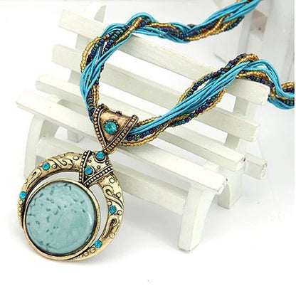 Vintage Necklace Jewelry Fashion Popular Retro Bohemia Style Multilayer Beads Chain Crystal Grain Pendant