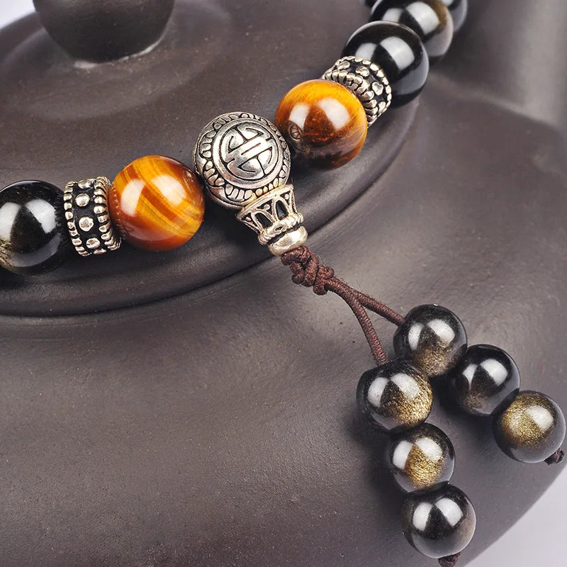 Men Bracelet Natural Golden Black Obsidian Bead Tibetan Silver Pixiu Bracelet Yellow Tiger Stone Bracelets Men Jewelry