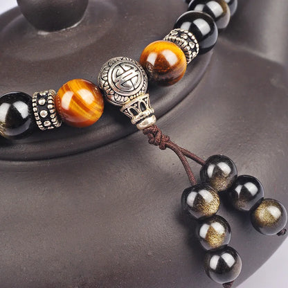 Men Bracelet Natural Golden Black Obsidian Bead Tibetan Silver Pixiu Bracelet Yellow Tiger Stone Bracelets Men Jewelry