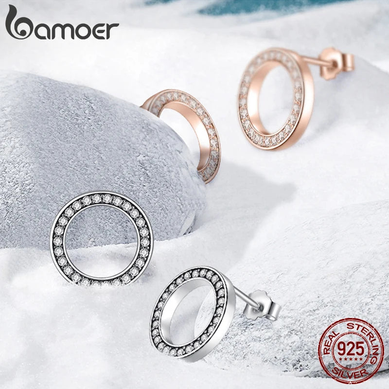 BAMOER Forever Clear CZ 925 Sterling Silver Circle Round Stud Earrings with CZ Jewelry GIFT Oorbellen Bijoux PAS437