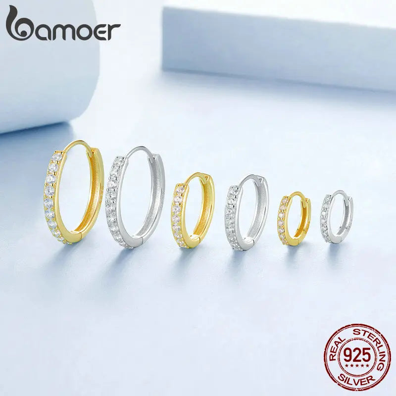 BAMOER 925 Sterling Silver Classic CZ Huggie Hoop Earrings, Gold Plated Cartilage Piercing Earrings Ear Cuff for Women BSE1060