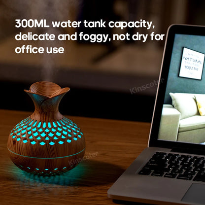 ZenMist Wood Grain Aroma Diffuser: 300ml Ultrasonic Humidifier with RGB LED