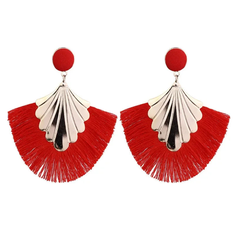 FSUNION 2024 New Bohemia Fan Shaped Tassel Earrings For Women Exaggerated Big Statement Fringed  Vintage Dangle