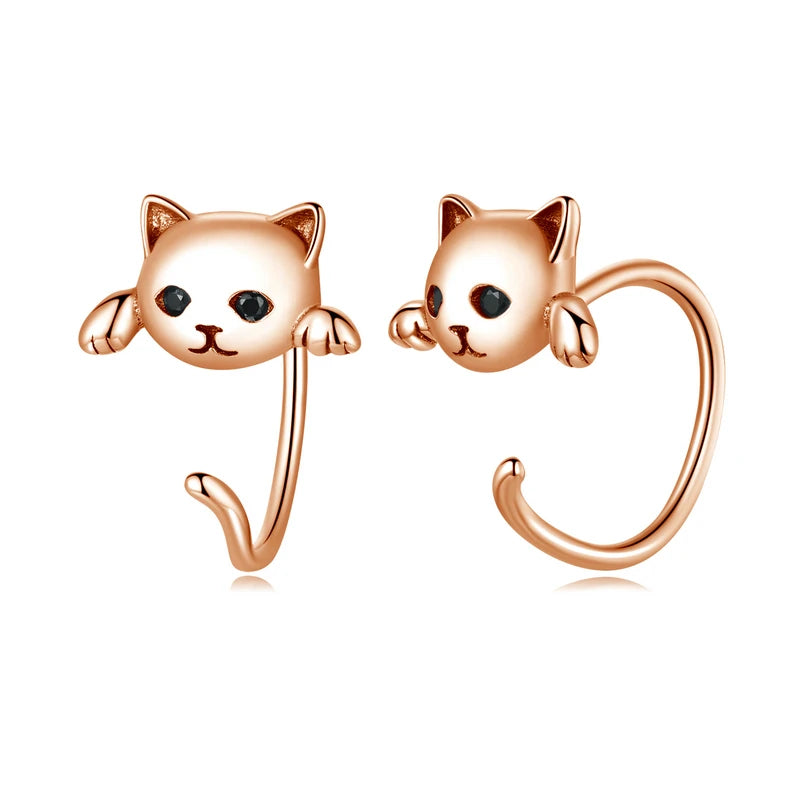 BAMOER Genuine 925 Sterling Silver Cute Cat Tail Stud Earrings for Women Animal Fashion Jewelry Orecchini 4 Colors SCE965