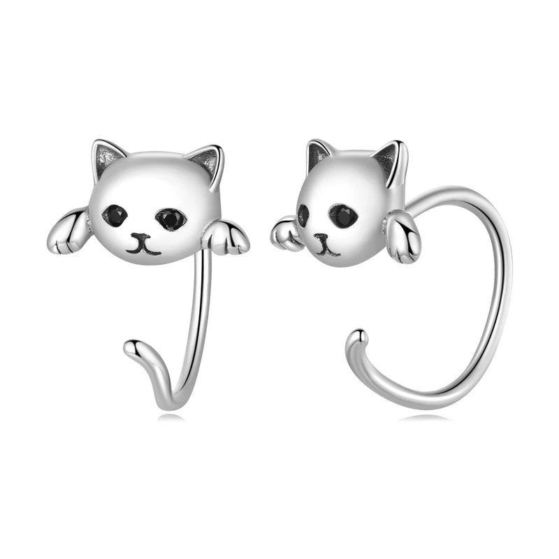 BAMOER Genuine 925 Sterling Silver Cute Cat Tail Stud Earrings for Women Animal Fashion Jewelry Orecchini 4 Colors SCE965