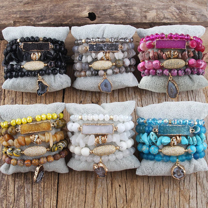 RH Fashion Designer Beaded Bracelet Sets Druzy /Cubic Zircon Charm 5pc Stack Bracelets Set For Women Jewelry Gift