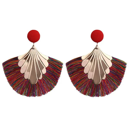 FSUNION 2024 New Bohemia Fan Shaped Tassel Earrings For Women Exaggerated Big Statement Fringed  Vintage Dangle