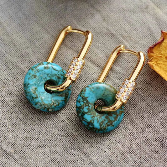 Unique Turquoises Stone Geometric Trendy Gold Plated Zircon Hoop Earrings Teen Girls Women Designer Jewelry Wholesale