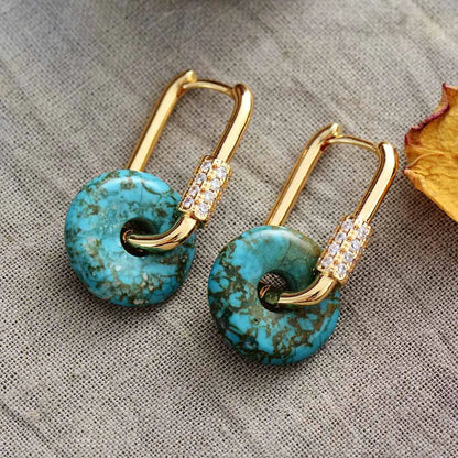 Unique Turquoises Stone Geometric Trendy Gold Plated Zircon Hoop Earrings Teen Girls Women Designer Jewelry Wholesale