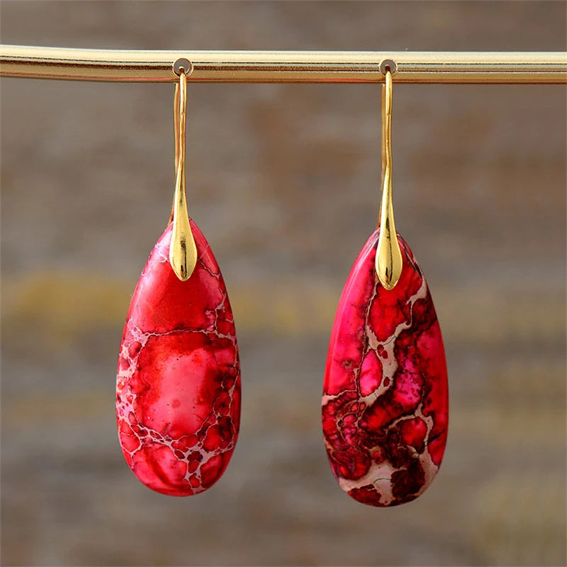 Summer New Emperor Stone Bohemian Style Droplet Pendant Earrings for Women Fashion Natural Stone Earrings Jewelry Accessories