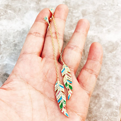 Colourful Nonchalance Feather Drop Earrings Fine Jewelry For Women Brand New Summer Real Sterling Silver 925 Gift