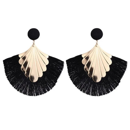 FSUNION 2024 New Bohemia Fan Shaped Tassel Earrings For Women Exaggerated Big Statement Fringed  Vintage Dangle