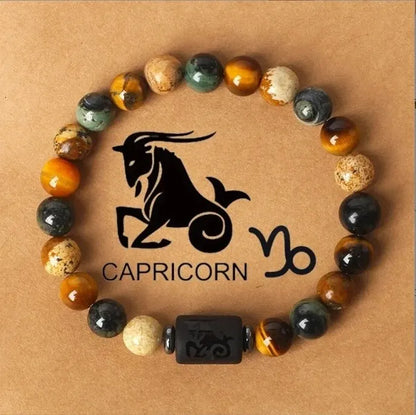 Natural Stone Tiger Eye Picture Jasper Round Beads 12 Constellation Bracelet for Men and Women