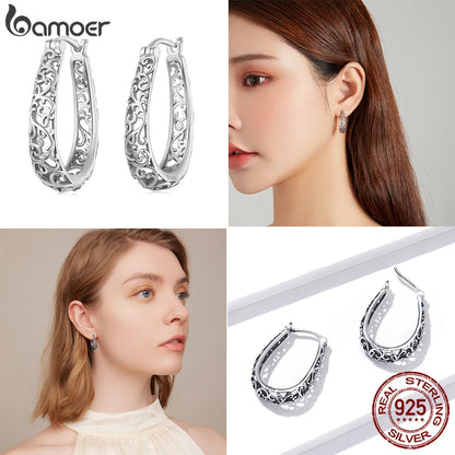 BAMOER 18K Gold Plated Filigree Hoop Earrings 925 Sterling Silver Vintage Vine Earrings For Women Fine Jewelry Original Design