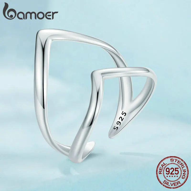 BAMOER 925 Sterling Silver Punk Style V-shaped Opening Ring Double-layer Adjustable Ring Simple Fine Jewelry for Women SCR981-E