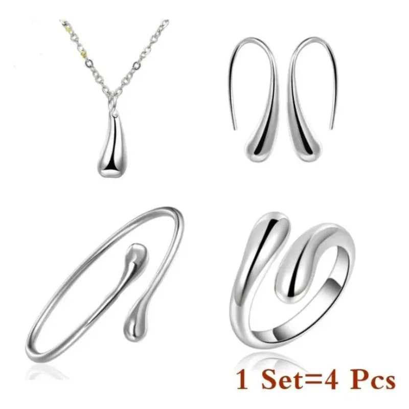 Fashion S925 Silver Needle Earrings Ring Bracelet Set Simple Personality Womens Water Drop Four-piece Jewelry Set for Women Gift