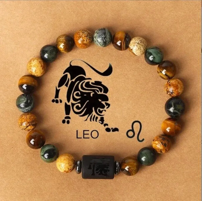 Natural Stone Tiger Eye Picture Jasper Round Beads 12 Constellation Bracelet for Men and Women