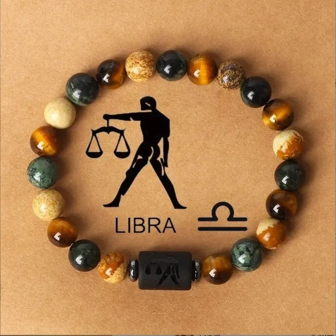 Natural Stone Tiger Eye Picture Jasper Round Beads 12 Constellation Bracelet for Men and Women