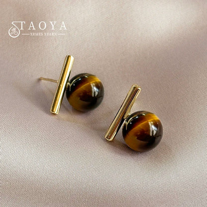 Design Sense Tiger Eye Stone Round Beads Minimalist Earrings 2023 New Jewelry Christmas For Women's Fashion Ear Accessories