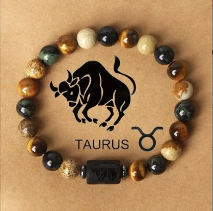 Natural Stone Tiger Eye Picture Jasper Round Beads 12 Constellation Bracelet for Men and Women