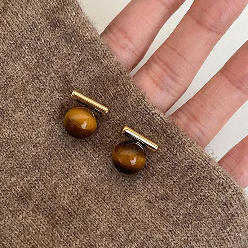 Design Sense Tiger Eye Stone Round Beads Minimalist Earrings 2023 New Jewelry Christmas For Women's Fashion Ear Accessories