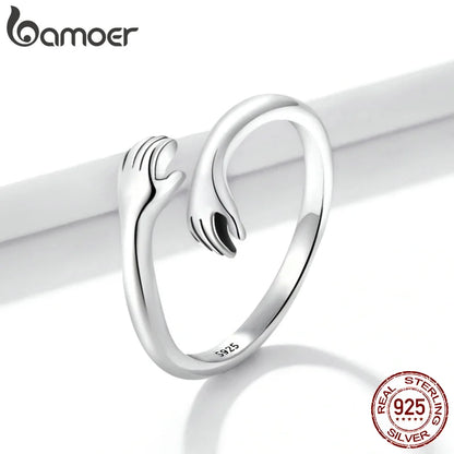 BAMOER 925 Sterling Silver Hug Warmth and Love Hand Adjustable Ring for Women Party Jewelry, His Big Loving Hugs Ring 3 Colors