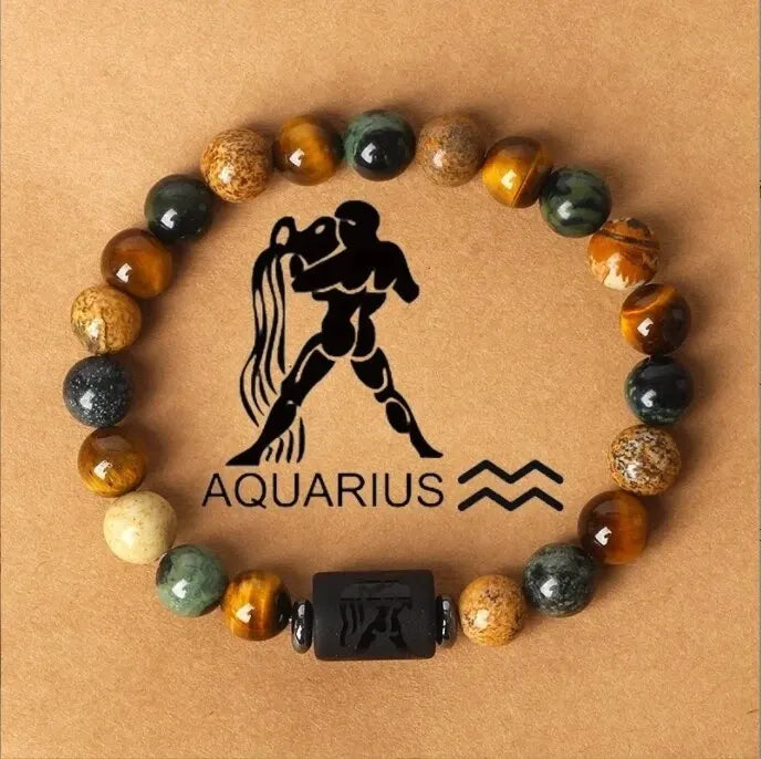 Natural Stone Tiger Eye Picture Jasper Round Beads 12 Constellation Bracelet for Men and Women