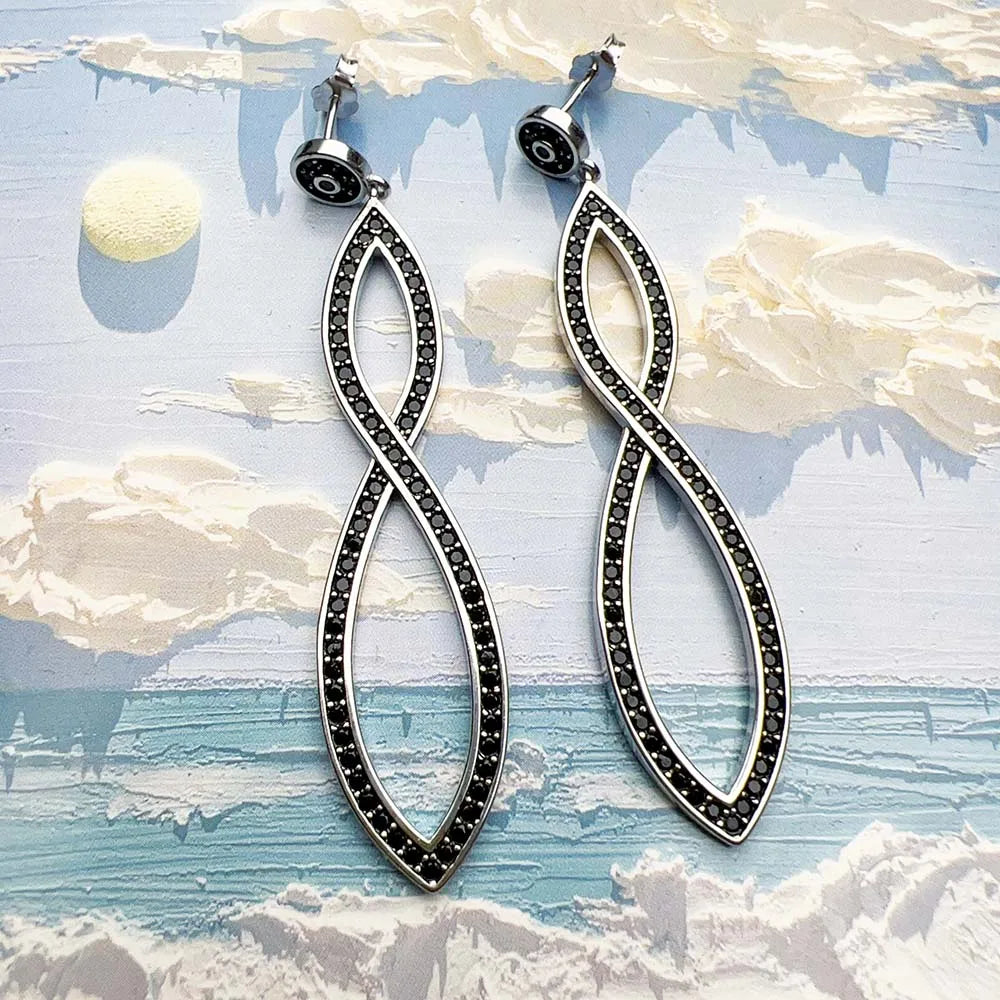 Drop Earrings Black Stones Infinity Twist Design Jewelry For Women Summer Love Romantic Gift In Sterling Silver 925