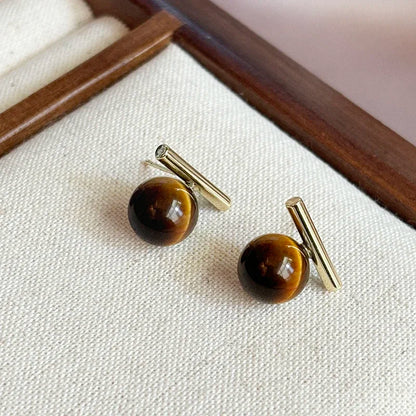 Design Sense Tiger Eye Stone Round Beads Minimalist Earrings 2023 New Jewelry Christmas For Women's Fashion Ear Accessories