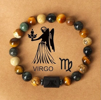 Natural Stone Tiger Eye Picture Jasper Round Beads 12 Constellation Bracelet for Men and Women